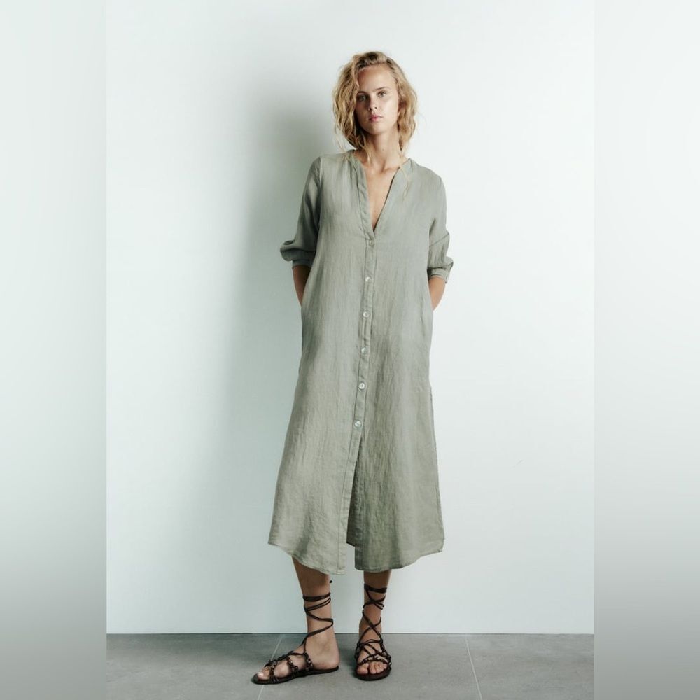 Zara 100% Linen Dress Pockets Khaki - Picture 7 of 11